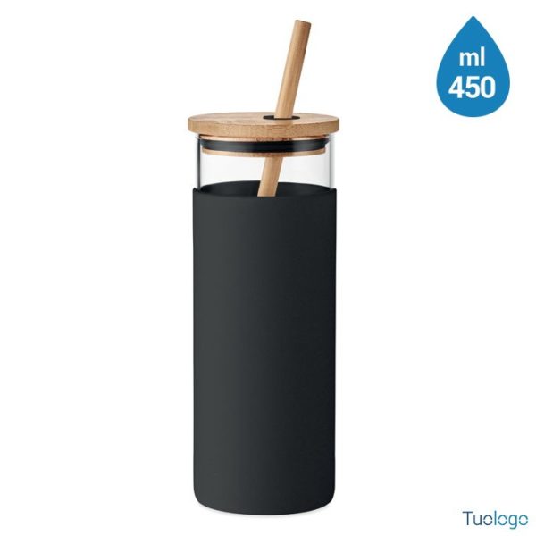 Bicchiere in vetro con custodia protettiva nera e con coperchio e cannuccia in bamboo