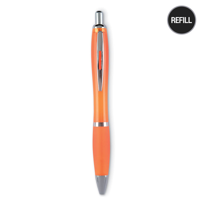 Penna in plastica arancione su sfondo bianco