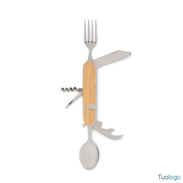 Posata multifunzione con corpo in legno con: forchetta, cucchiao, coltello, apriscatole e apribottiglie