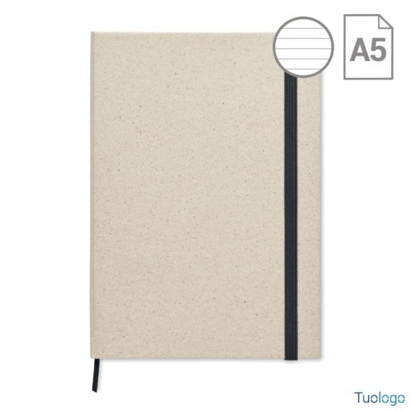 Blocnotes con copertina in cartone ed elastico nero, su sfondo bianco
