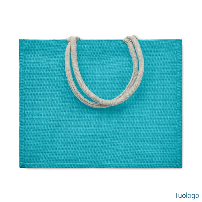 Shopper in juta azzurra con manici corti bianchi