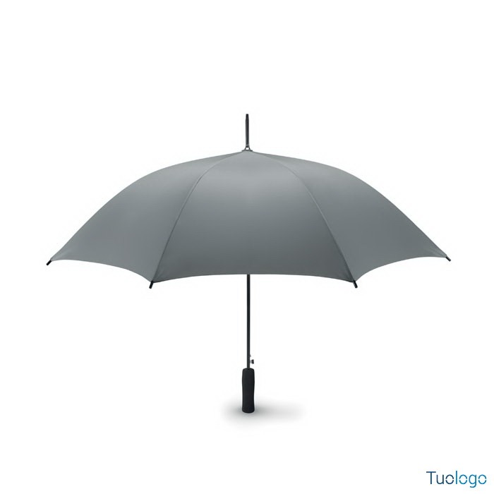 Ombrello aperto grigio con manico diritto e punta nera in plastica