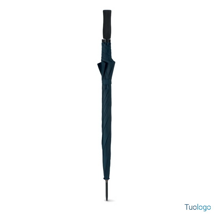 Ombrello chiuso blu scuro con manico diritto e punta nera in plastica