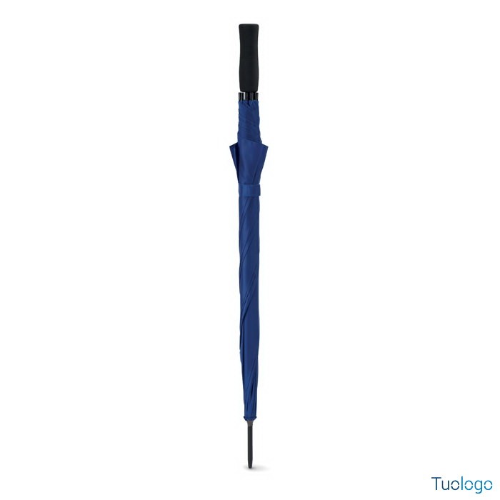 Ombrello chiuso blu con manico diritto e punta nera in plastica