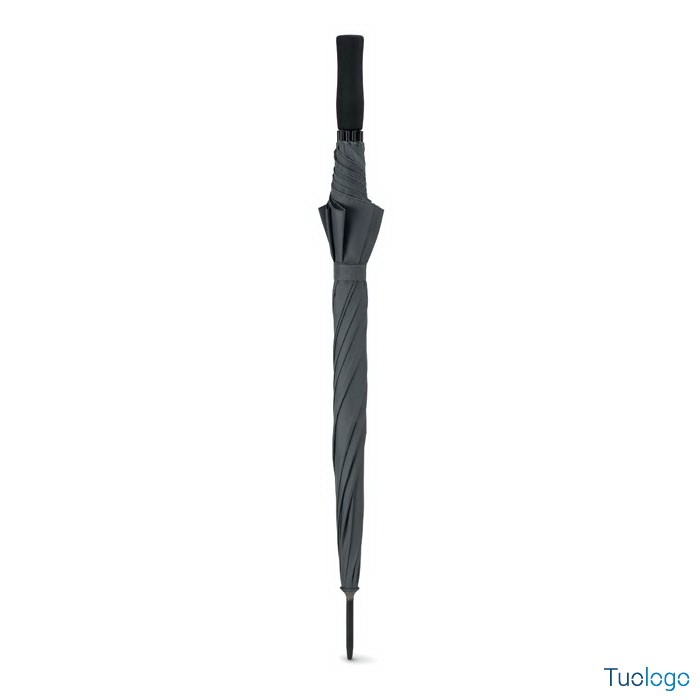 Ombrello chiuso grigio con manico diritto e punta nera in plastica