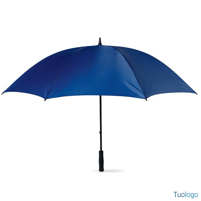 Ombrello, aperto, con manico blu e telaio nero, su sfondo bianco