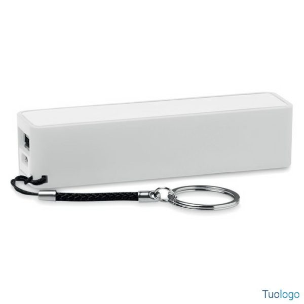 Powerbank bianco e rosso con laccetto portachiavi nero