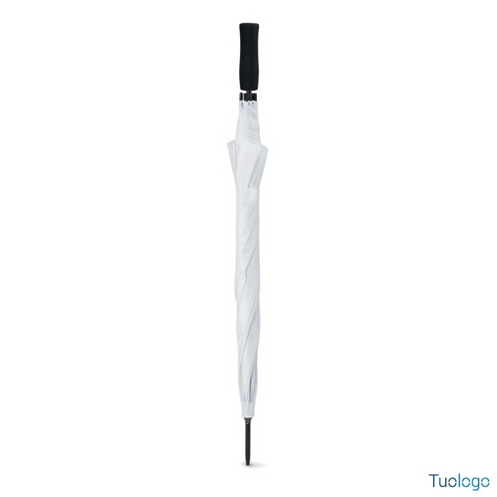 Ombrello chiuso bianco con manico diritto e punta nera in plastica