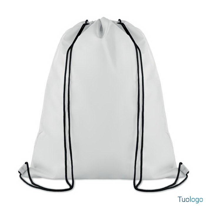 Zainetto in poliestere rosa con laccetti neri e tasca frontale