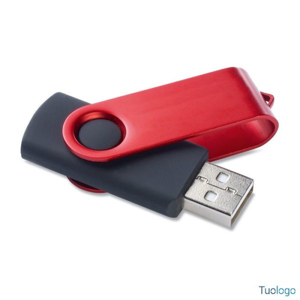 Chiavetta usb in metallo rosso e gomma nera con apertura a rotazione