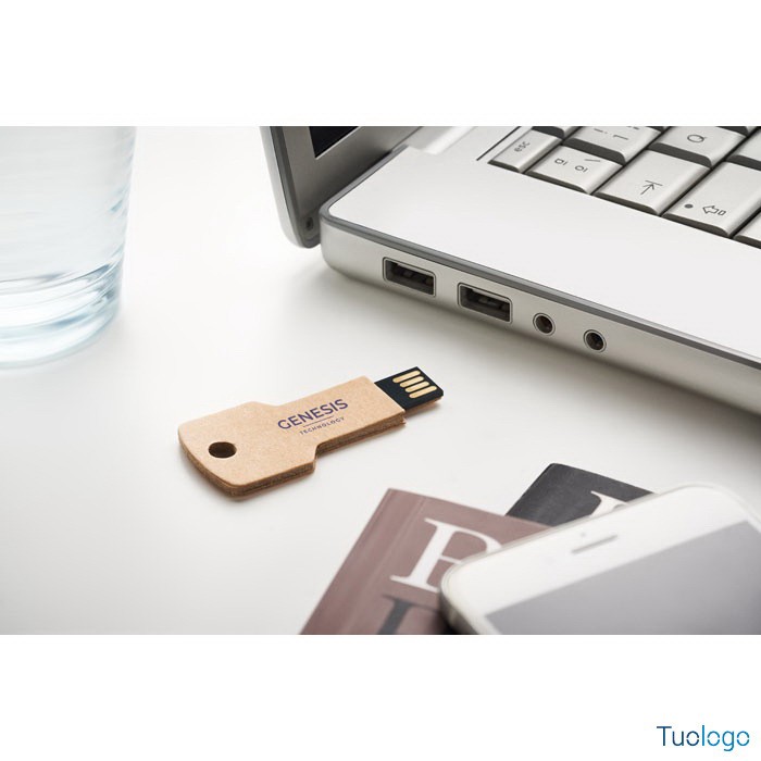 Chiavetta usb in cartoncino beige con logo Genesis technology in blu