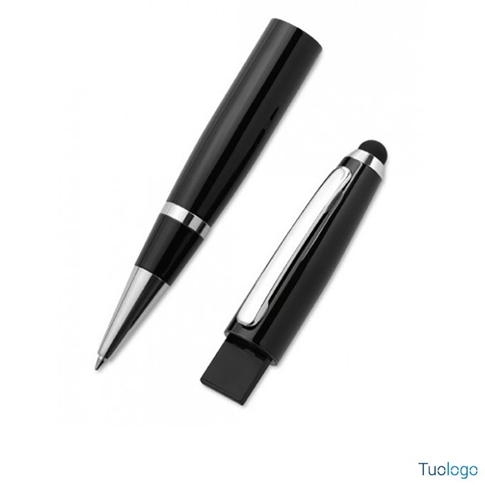 Chiavetta usb nera a forma di penna sfera in metallo con rifiniture cromatiche