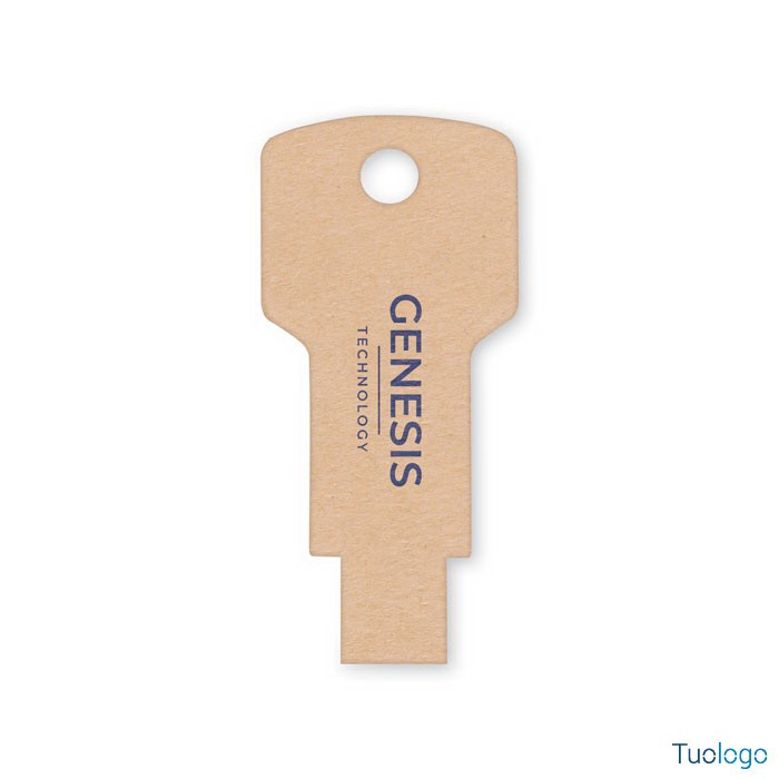 Chiavetta usb in cartoncino beige con logo Genesis technology in blu e confezione in cartoncino beige sulla destra