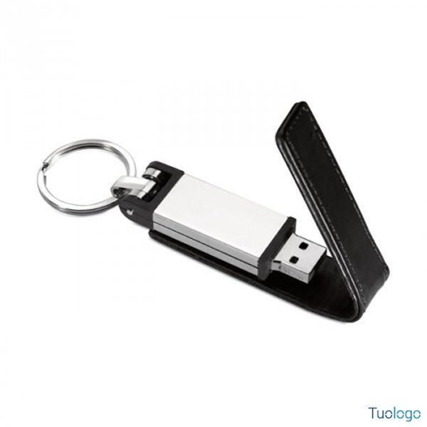 Chiavetta usb in metallo e pelle nera con anello portachiavi