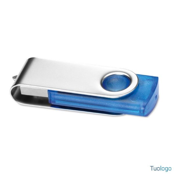 Chiavetta usb blu in plastica trasparente e copertura rotante in metallo