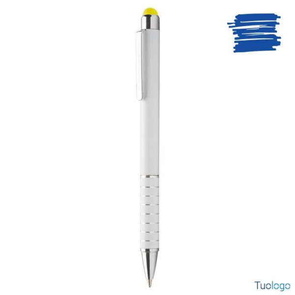 Penna in alluminio bianco con puntatore touch in gomma gialla