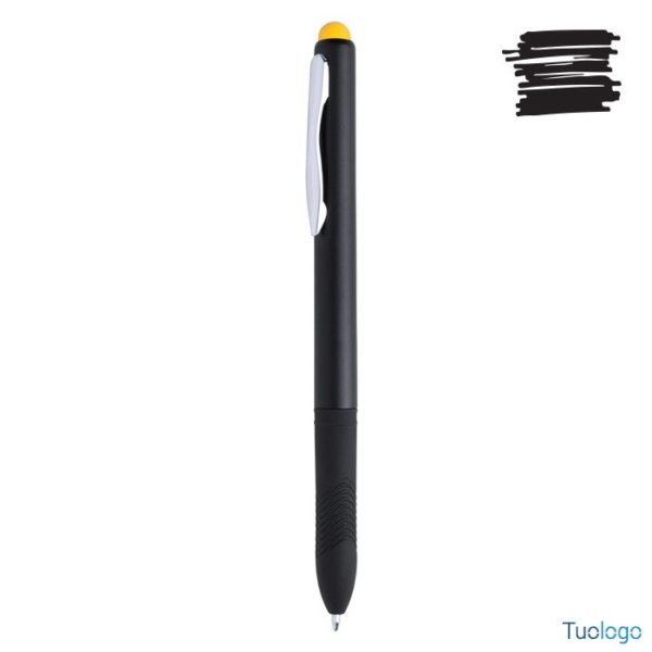 Penna a sfera touch in plastica nera con grip in gomma e puntatore touch giallo
