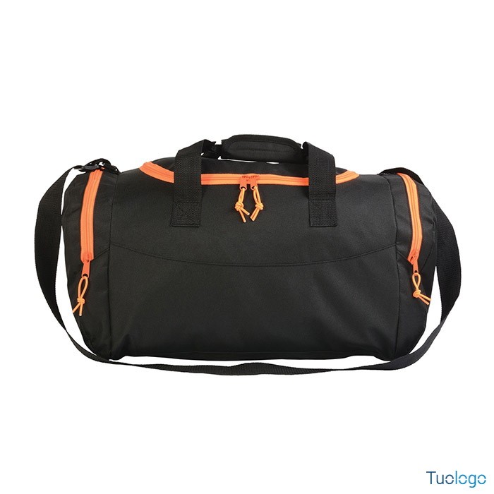 Borsone nero con tre zip arancioni e tracolla nera su sfondo bianco, 2 manici neri.