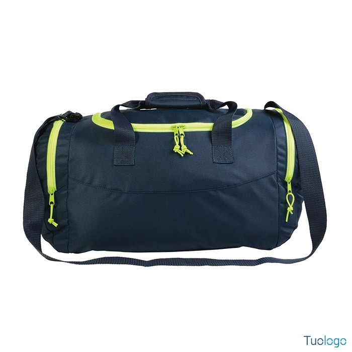 Borsone blu scuro con tre zip gialle e tracolla blu stesa sullo sfondo bianco, 2 manici blu uniti fra loro