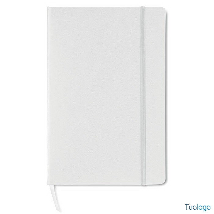 Bloc notes nero con copertina rigida e chiusura con elastico con logo