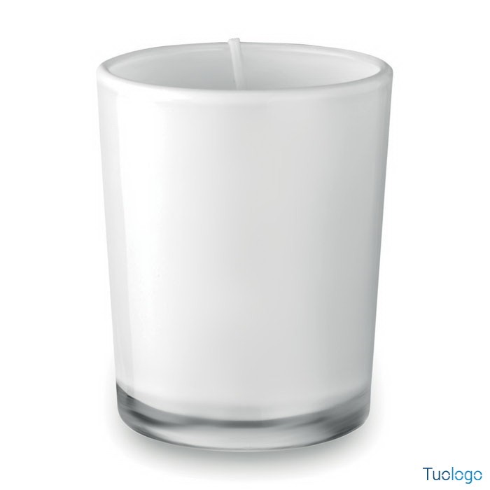 Portacandela bianca di vetro su sfondo bianco