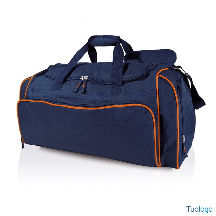 Borsa sportiva blu e rossa con tasche laterali traspiranti e zip