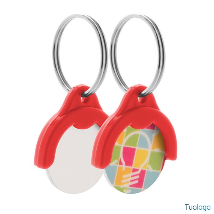 Portachiavi in plastica arancione con gettone e anello di metallo