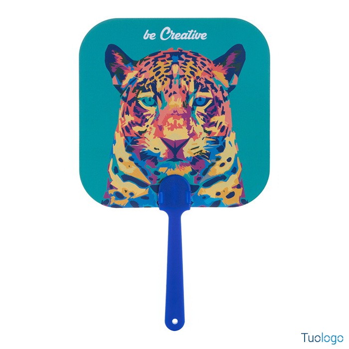 Ventaglio in carta plastificata con manico in plastica blu