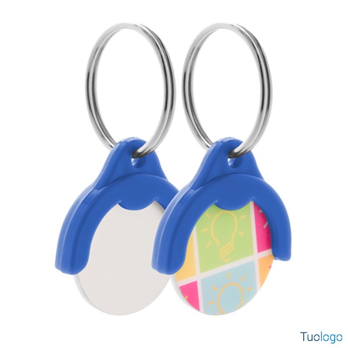 Portachiavi in plastica blu con gettone e anello di metallo