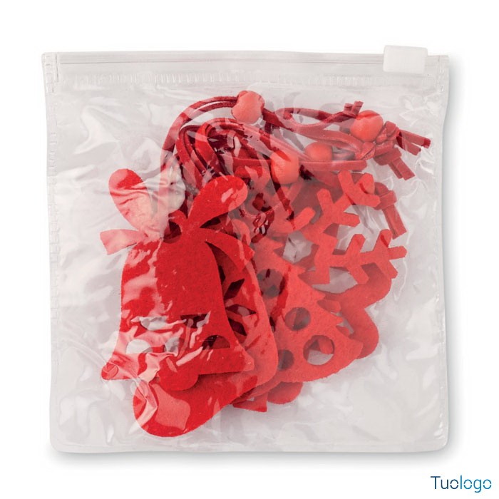 Decorazioni natalizie rosse dentro busta di plastica trasparente