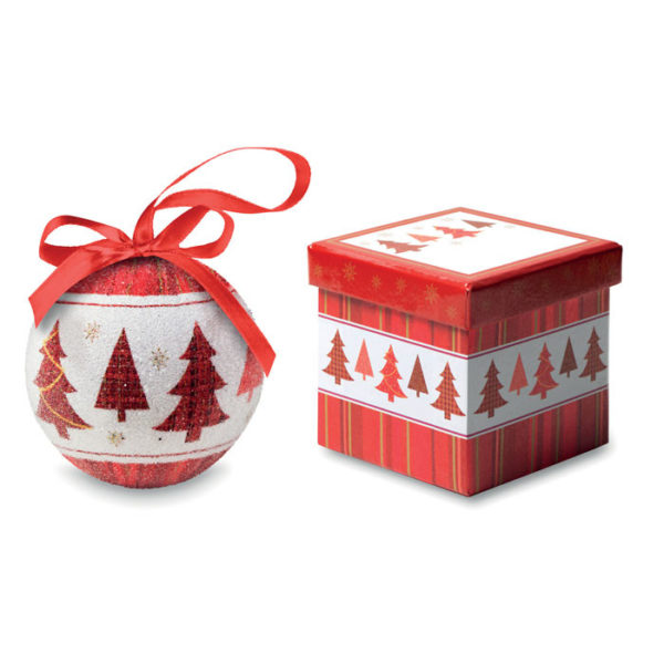 Palla di natale con nastro rosso e confezione in scatola abbinata