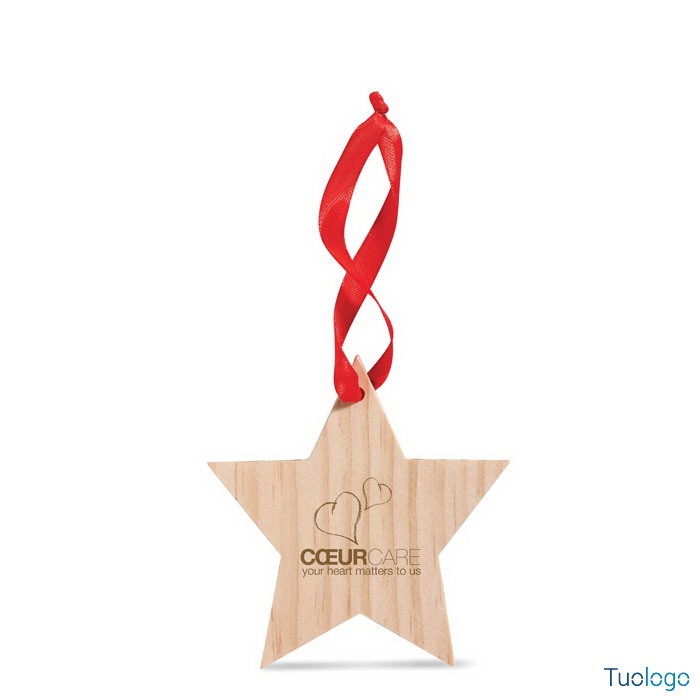 Decorazione natalizia a forma di stella in legno, con logo, con laccetto rosso