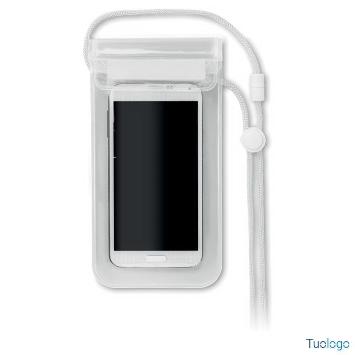 Custodia impermeabile per smartphone in pvc bianco con laccetto in poliestere