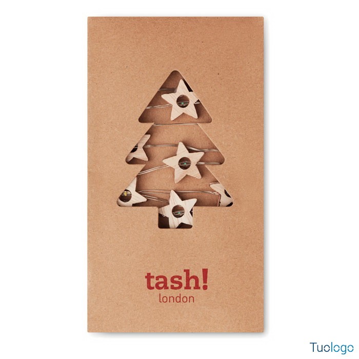 Led a forma di stella dentro confezione in cartone con log su sfondo bianco