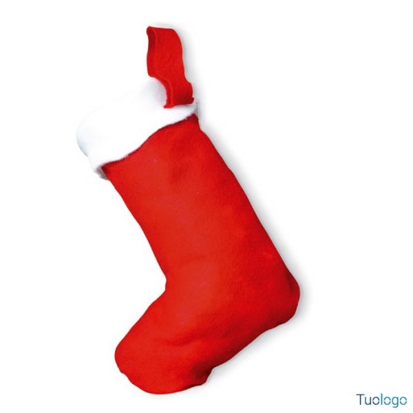 Calza di Natale piena su sfondo bianco