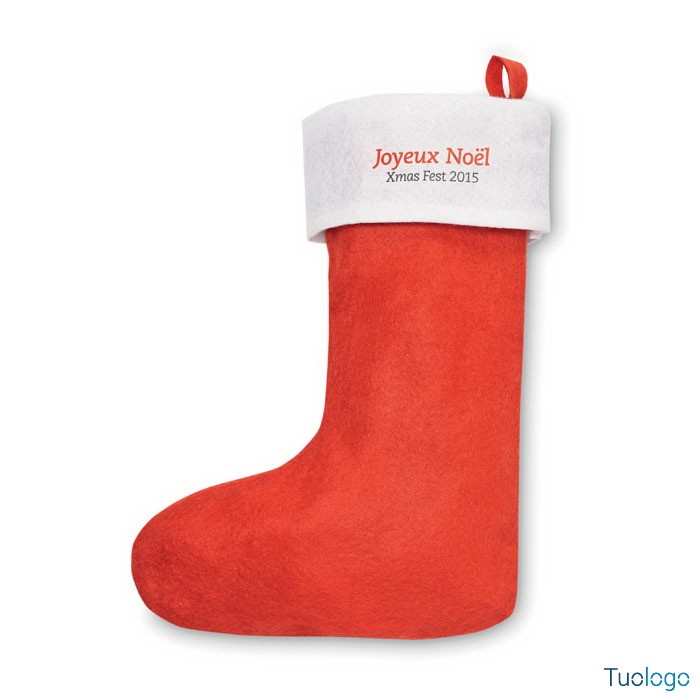 Calza di Natale con logo rosso su sfondo bianco