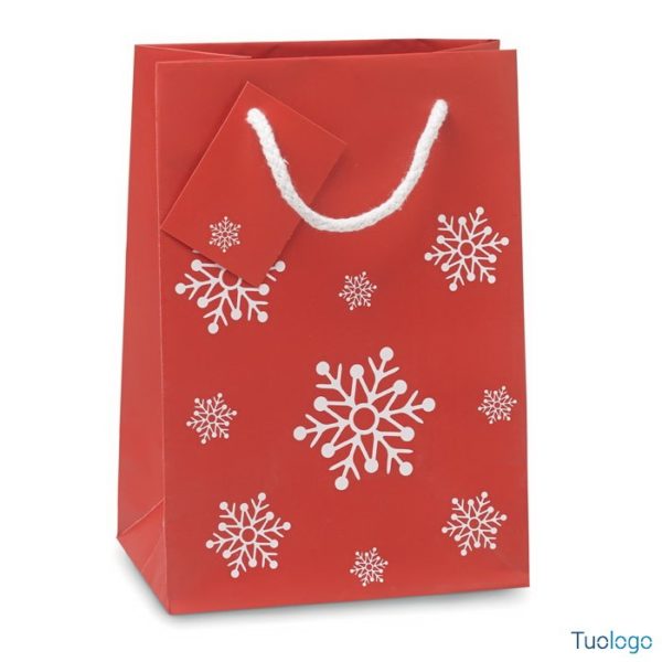 Shopper rossa con fiocchi di neve bianchi stampati sopra