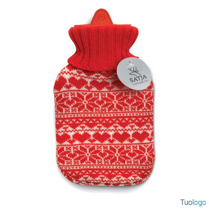 Borsa acqua calda rivestita da tessuto bianco e rosso con etichetta con logo