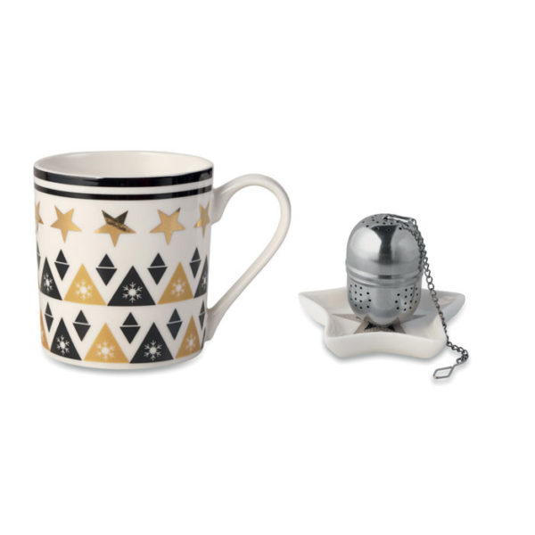 Tazza bianca con motivo a stella nero e oro con infusore con cordino