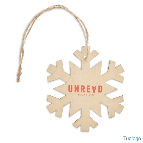Decorazione natalizia a forma di fiocco di neve con logo e cordino