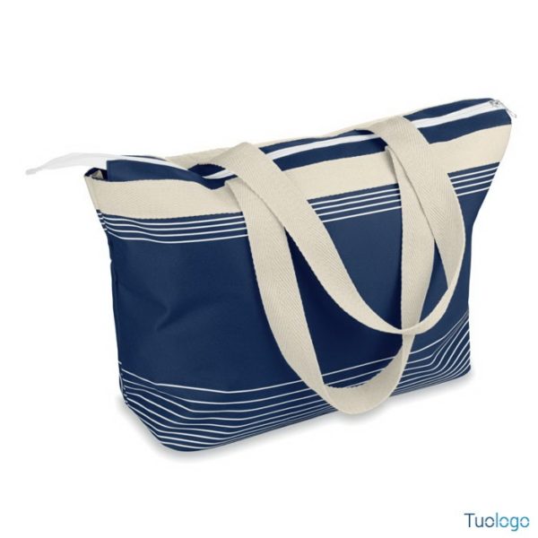 Borsa a righe blu e bianche con chiusura a zip, con maniglie bianche
