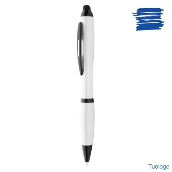 Penna a sfera in plastica bianca con puntatore touch e dettagli neri