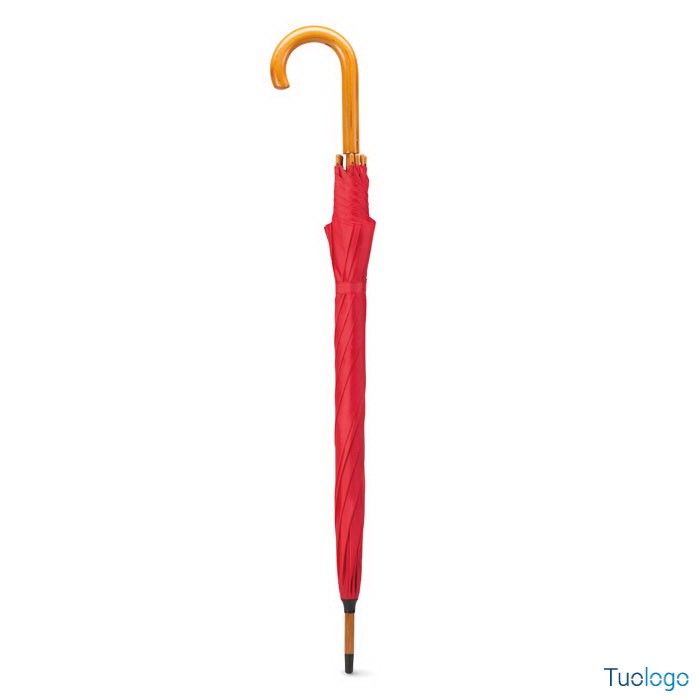 Ombrello verde chiaro in poliestere con struttura in legno e punta in metallo