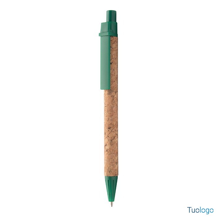 Penna a sfera in carta riciclata rivestita in sughero con parti in plastica verde