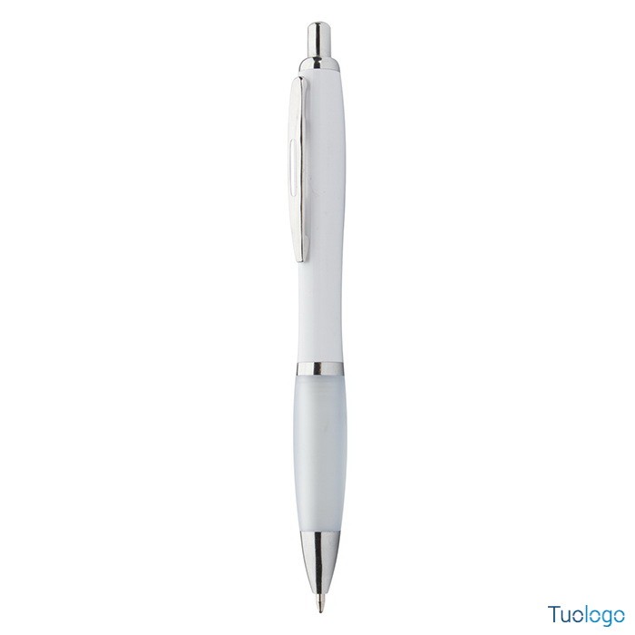 Penna a sfera con corpo bianco, grip in gomma verde e dettagli cromati