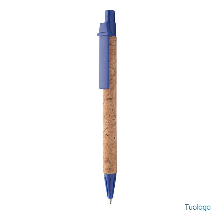 Penna a sfera in carta riciclata rivestita in sughero con parti in plastica blu