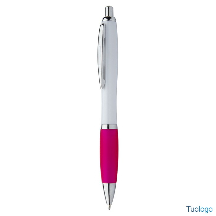 Penna a sfera con corpo bianco, grip in gomma rosso e dettagli cromati