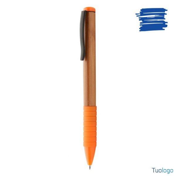 Penna in bamboo con clip in metallo e dettagli arancioni