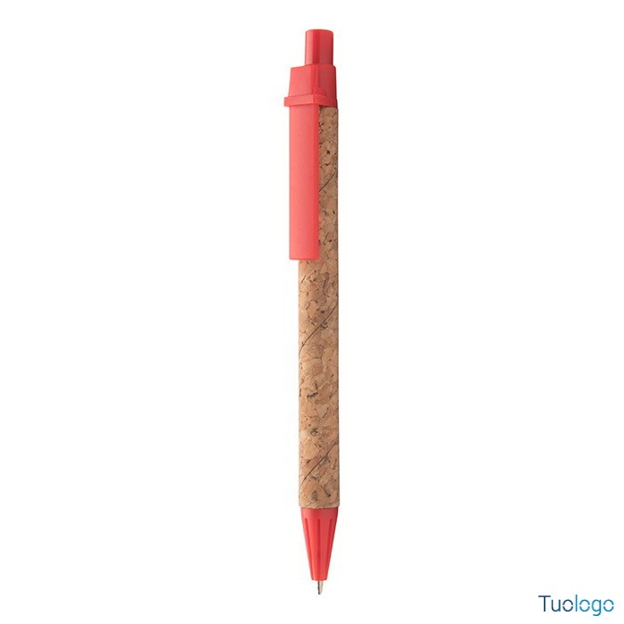 Penna a sfera in carta riciclata rivestita in sughero con parti in plastica rossa