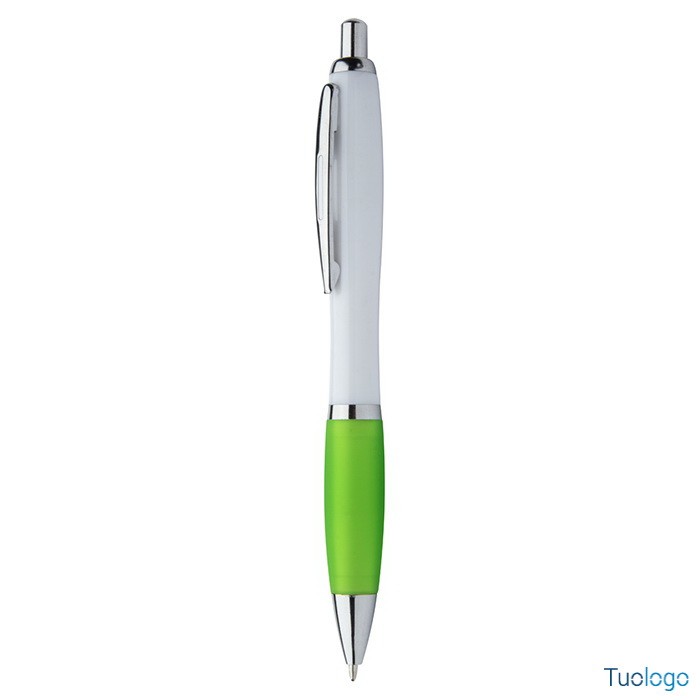 Penna a sfera con corpo bianco, grip in gomma blu e dettagli cromati